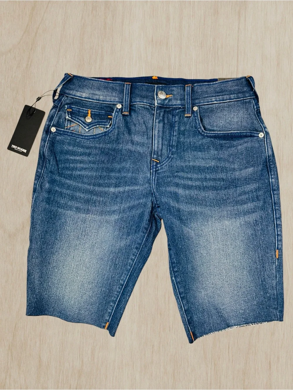 NWT New $124 True Religion Rocco Super T Flap Raw Hem Jean Shorts Size 31